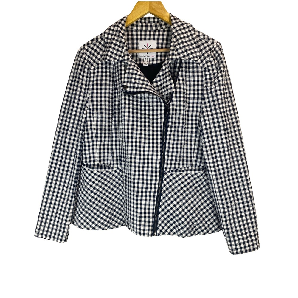 Isaac Mizrahi Live Womens Navy Gingham Moto Jacket Size 12 Asymmetrical Zip‎